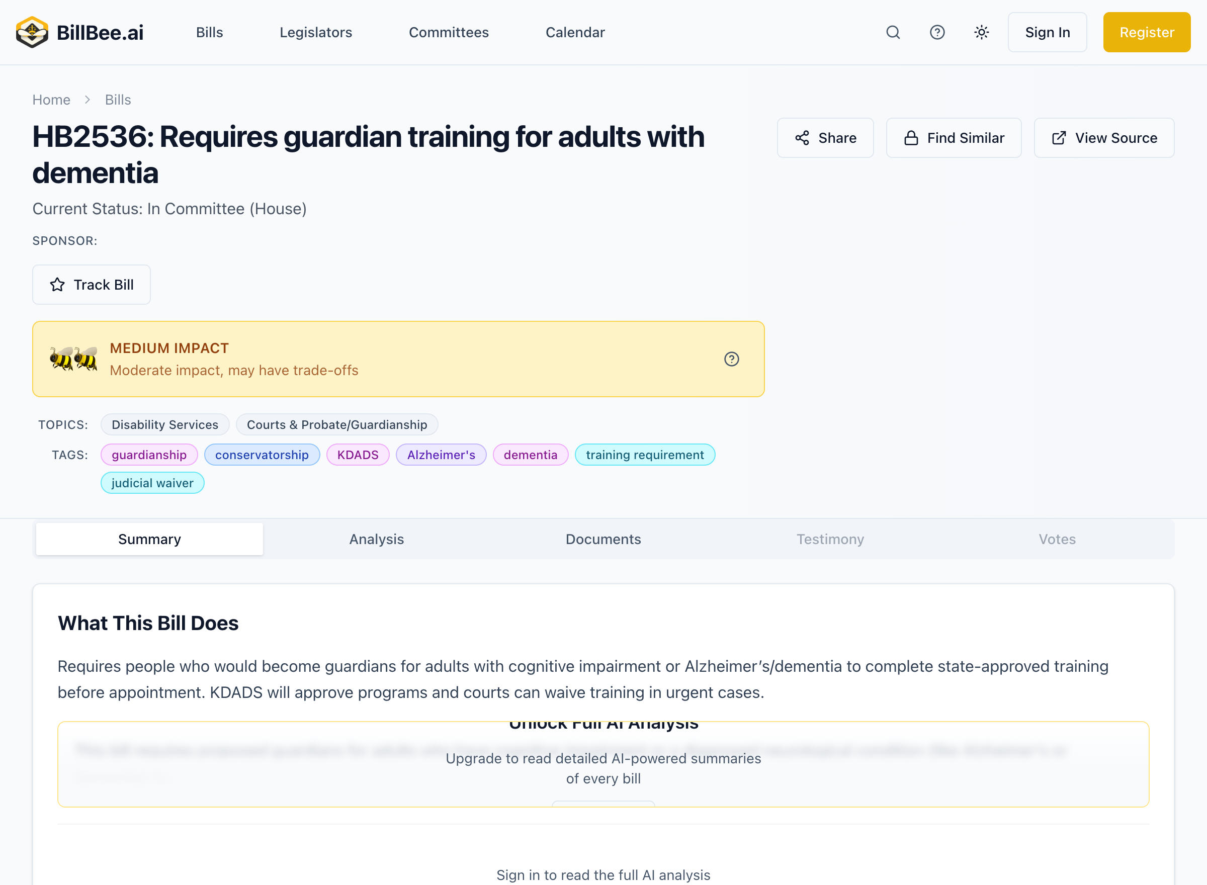 Bill Detail Page with Track Button